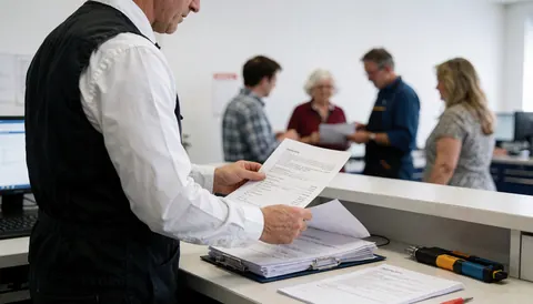 Technicien en uniforme examine des papiers au comptoir d'accueil du garage, avec des clients en arrière-plan et des outils sur la table.