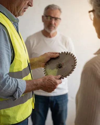 Un technicien en gilet jaune présente une lame de scie circulaire à deux clients lors d'une réparation d'outils.