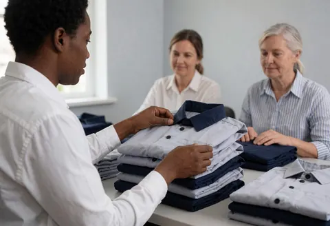 Un inspecteur examine des uniformes pliés sur une table tandis que deux femmes observent en arrière-plan dans un espace de personnalisation de vêtements.
