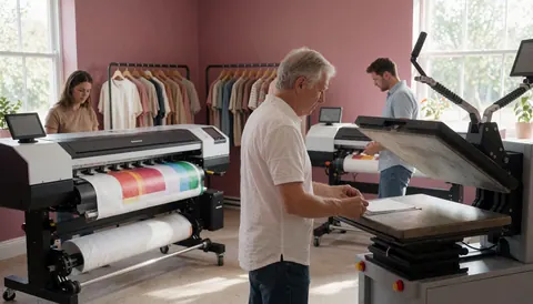 Atelier de personnalisation de vêtements avec imprimante numérique et presse à chaud, trois personnes travaillant, murs roses, environnement professionnel et propre.