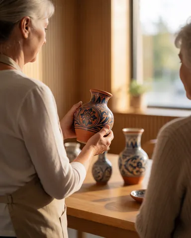 Une femme portant un tablier montre un vase en céramique aux motifs bleus à une cliente dans un atelier de poterie baigné de lumière naturelle.