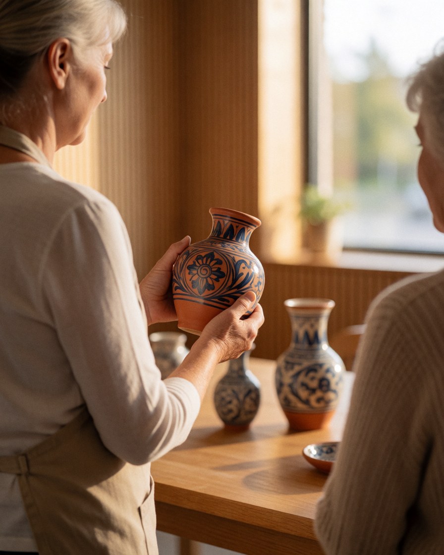 Une femme portant un tablier montre un vase en céramique aux motifs bleus à une cliente dans un atelier de poterie baigné de lumière naturelle.