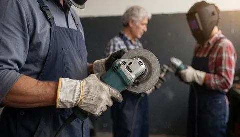 Mécanicien en gants et casque travaillant avec une meuleuse d'angle dans un atelier aux murs gris anthracite, un autre travailleur en arrière-plan.
