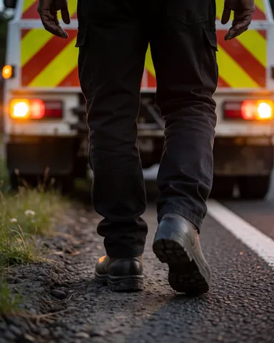 Un opérateur de remorquage en bottes de travail se dirige vers un véhicule sur la route la nuit, avec des lumières d'urgence allumées.