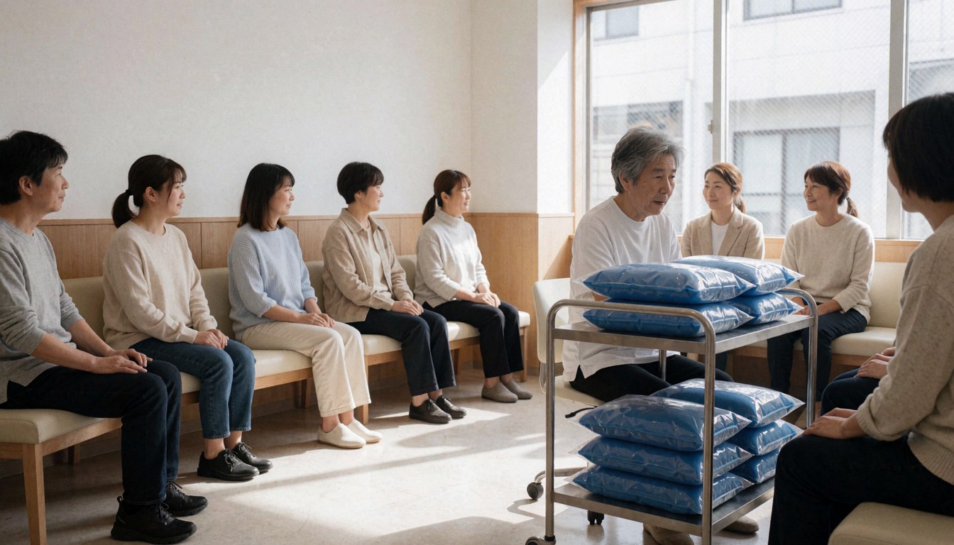 Salle d'attente avec des personnes assises, un chariot contenant du gel thérapeutique bleu, des murs blancs et boisés, éclairage naturel.