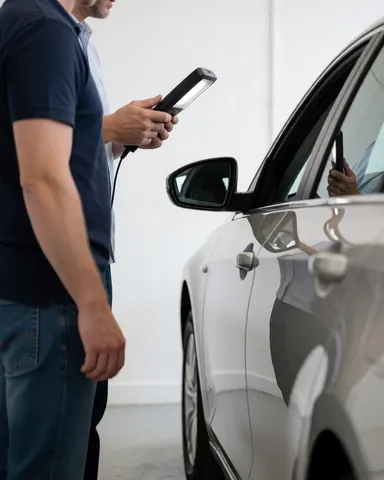 Un technicien examine un automobile fraîchement peinte à l'aide d'une lampe d'inspection, révélant un reflet sur la portière dans un atelier aux murs blancs.