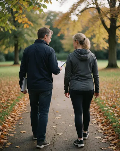 Un coach sportif et son client marchent sur un sentier en parc, entourés de feuilles d'automne. Le coach tient un classeur pour suivre la séance.