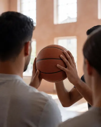 Deux personnes s'entraînent au tir au panier sur un terrain avec des murs en terre cuite et une lumière naturelle, idéal pour un coach de basketball.
