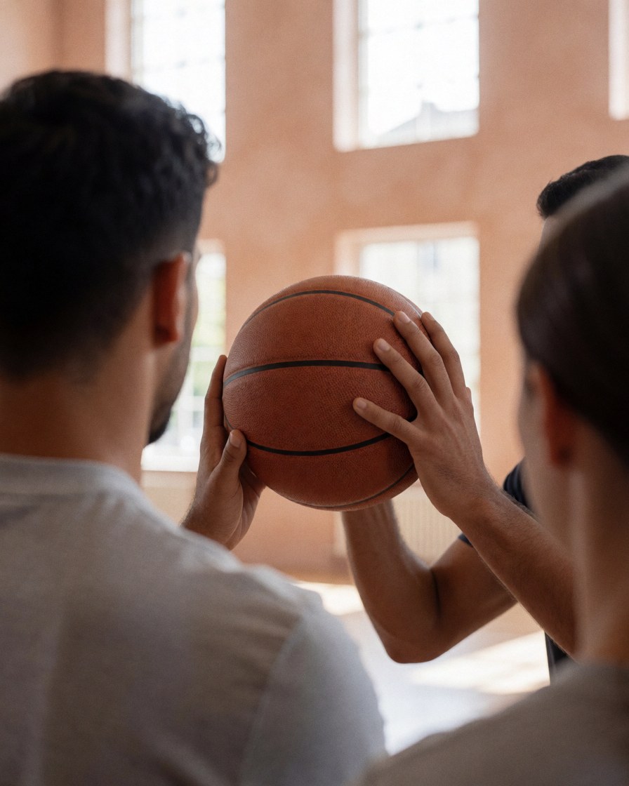 Deux personnes s'entraînent au tir au panier sur un terrain avec des murs en terre cuite et une lumière naturelle, idéal pour un coach de basketball.