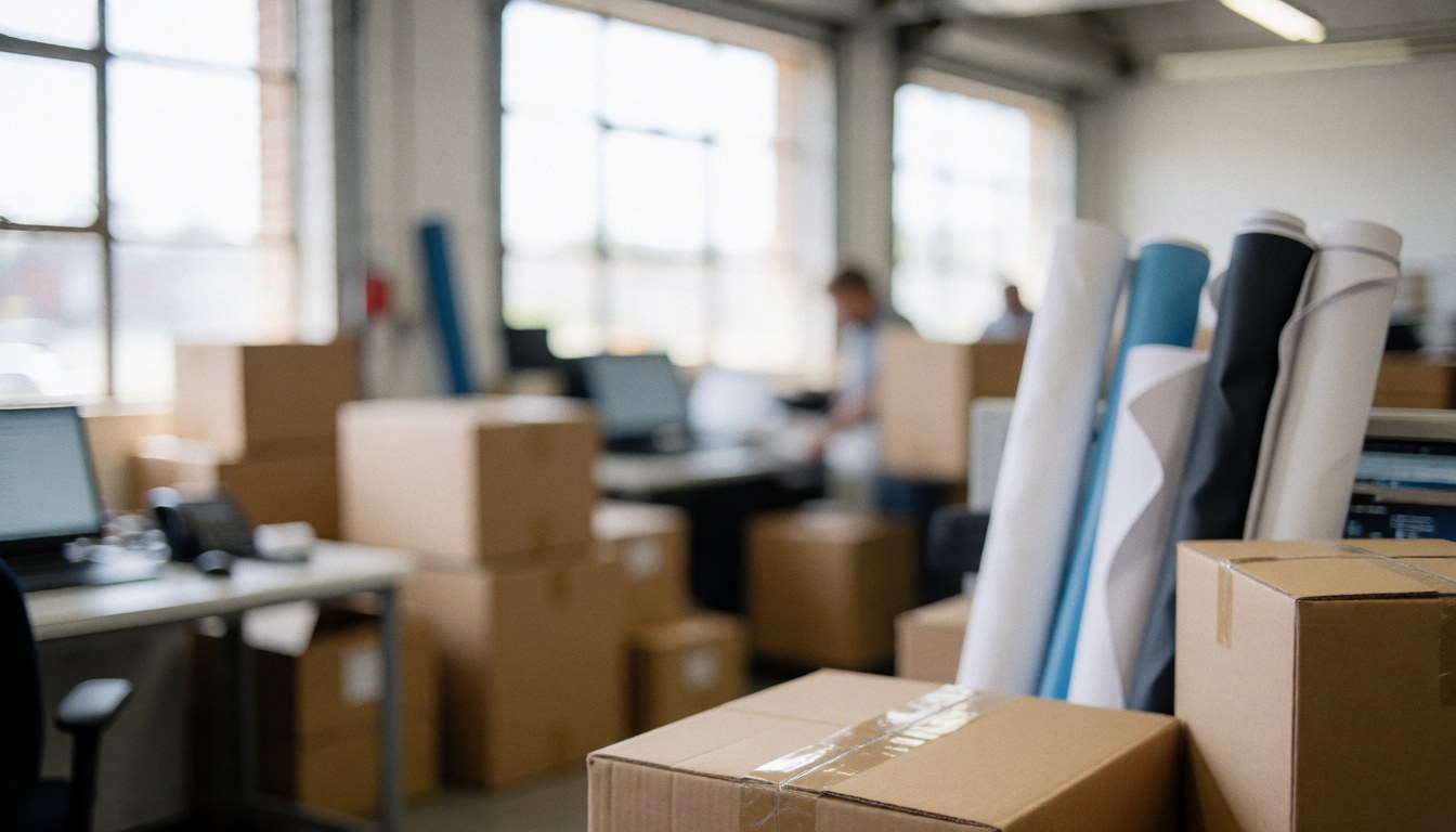 Arrière-plan d'atelier d'imprimerie avec des cartons et des rouleaux de vinyle, éclairé par des fenêtres industrielles, idéal pour les services de distribution.