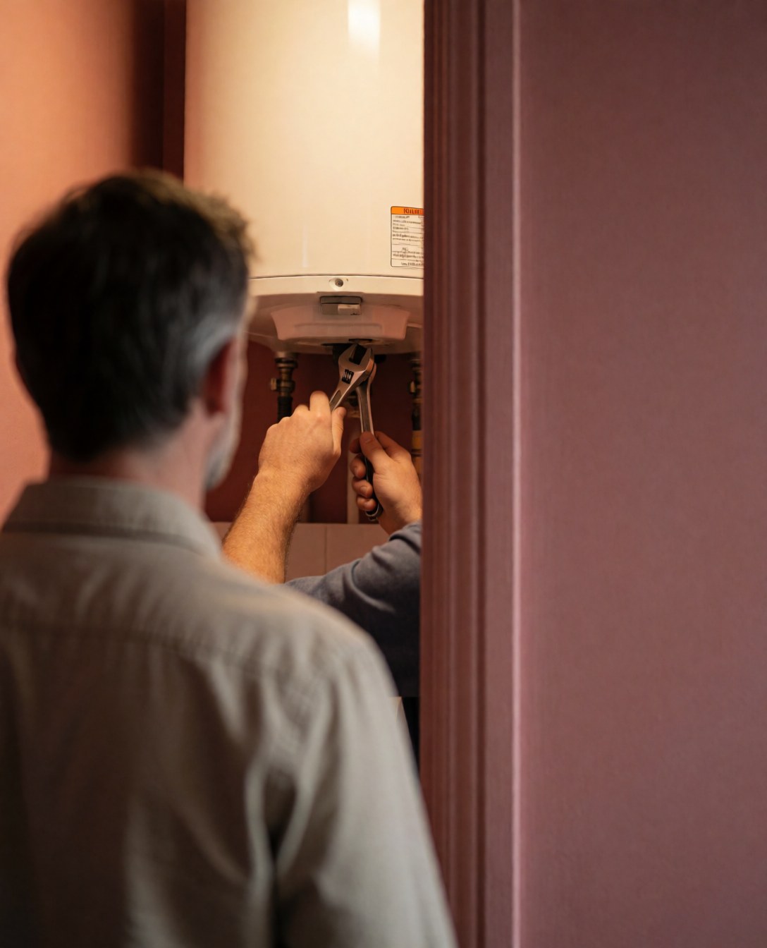 Technicien avec une clé ajustable réparant une chaudière blanche dans une salle de bain aux murs roses, un client observe depuis l'arrière-plan.