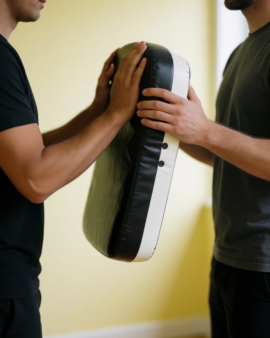 Deux personnes s'entraînent avec un masque d'arts martiaux dans un gymnée aux murs clairs, illustrant un service de coaching personnalisé en action.