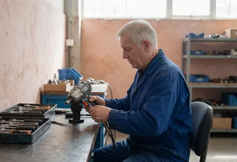 Un mécanicien effectue une réparation sur un outil pneumatique dans un atelier. La lumière naturelle entre par une fenêtre, éclairant les murs en plâtre et les outils disposés sur une tablette.
