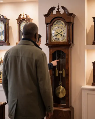 Une cliente observe une horloge murale réparée tandis qu'un technicien en montre le pendule dans un atelier de réparation d'horlogerie.