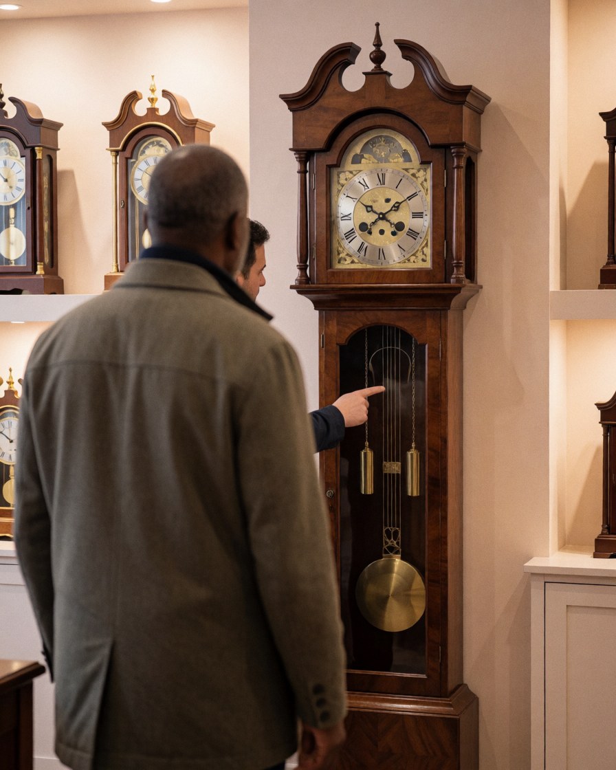 Une cliente observe une horloge murale réparée tandis qu'un technicien en montre le pendule dans un atelier de réparation d'horlogerie.