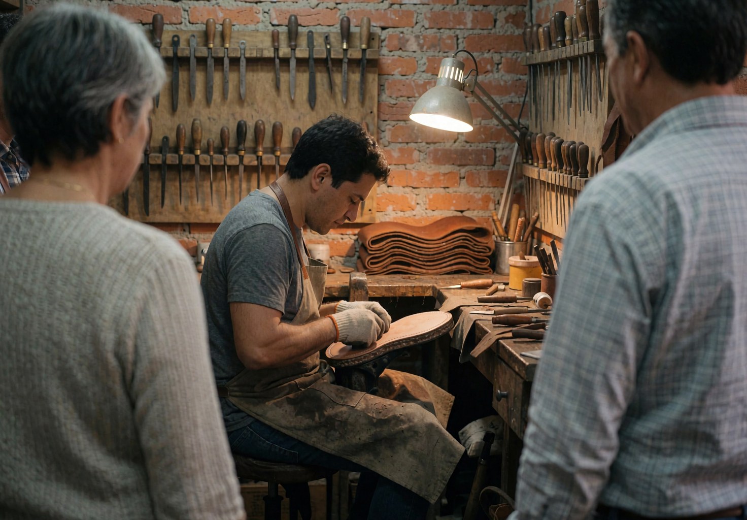 Un cordonnier portant des gants travaille sur le bord d'une semelle de chaussure, entouré d'outils et de peaux dans son atelier aux murs de briques.