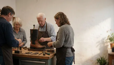 Trois cordonniers réparent des bottes en cuir sur une table dans un atelier lumineux aux murs blancs.