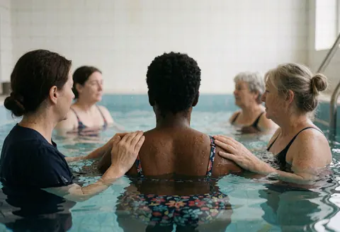 Thérapeute aidant un client en piscine avec les mains sur les épaules, murs de carreaux et eau à hauteur de poitrine, service de physiothérapie.