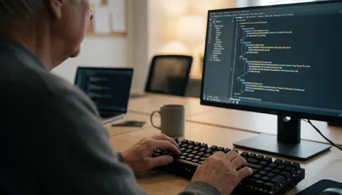 Un développeur adulte travaille à son bureau avec un clavier mécanique et un moniteur affichant du code, idéal pour un site web de cours de programmation.