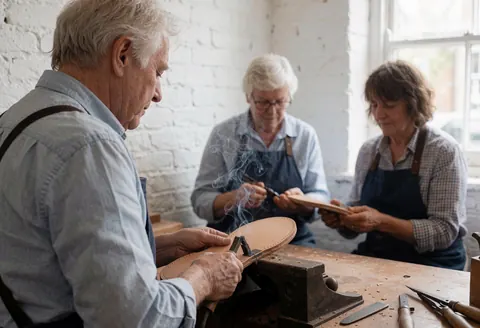 Trois artisans dans un atelier de chaussures, l'un calant un talon, les deux autres observant le processus de travail.