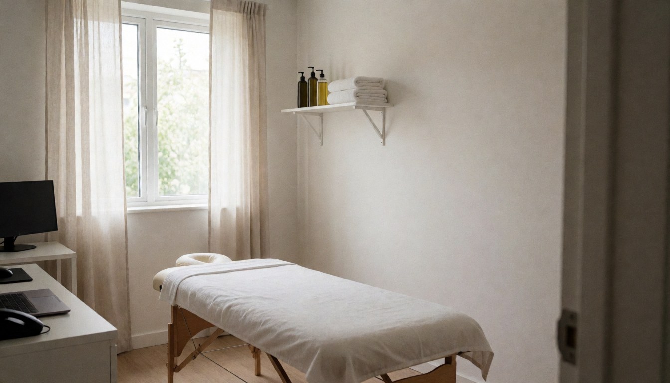 Salle de massage avec table recouverte d'un drap blanc, étagère avec serviettes et huiles, fenêtre avec rideaux et murs blancs.