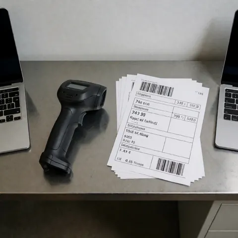 Scanner de codes-barres et étiquettes d'expédition posés sur une table métallique dans un bureau de logistique aux murs gris clair.