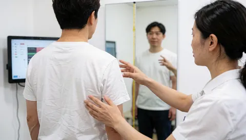 Un kinésithérapeute analyse la posture d'un patient devant un miroir à l'aide d'un fil à plomb et d'un écran numérique en clinique.