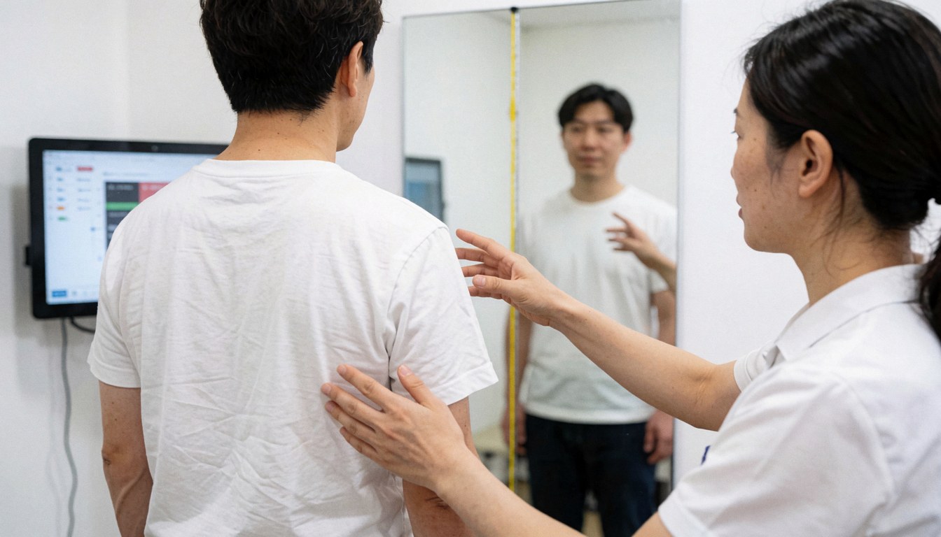 Un kinésithérapeute analyse la posture d'un patient devant un miroir à l'aide d'un fil à plomb et d'un écran numérique en clinique.