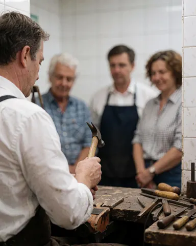 Un cordonnier utilise un marteau dans un atelier aux murs carrelés tandis que trois personnes observent la scène en arrière-plan.