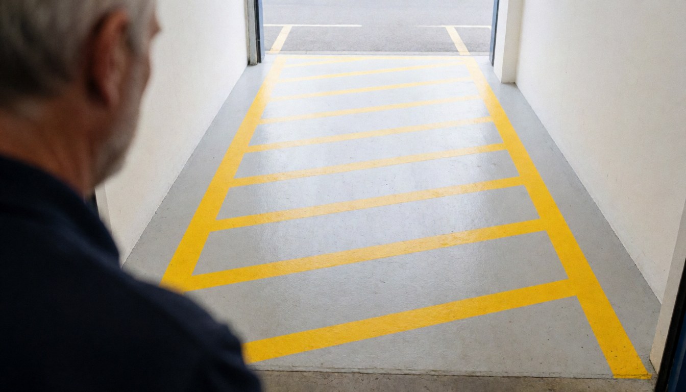Vue arrière d'un employé dans un parking industriel avec lignes jaunes, murs blancs et sol en béton.