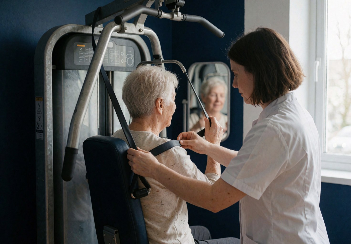 Un thérapeute ajuste une bande élastique sur un patient utilisant un appareil de rééducation dans un centre avec un mur bleu marine et un miroir.