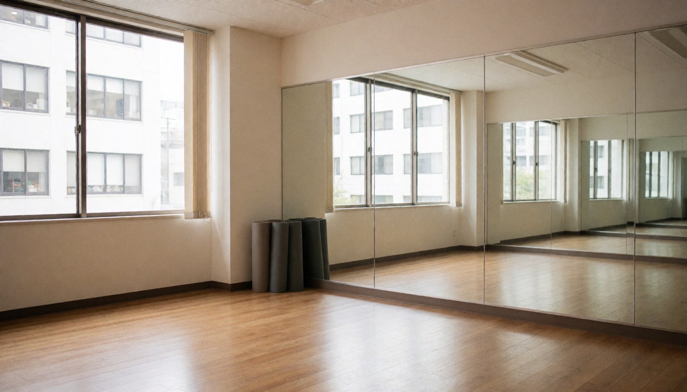 Studio de danse vide avec sol en bois, miroirs muraux et tapis roulés dans un coin, idéal pour les cours de danse.