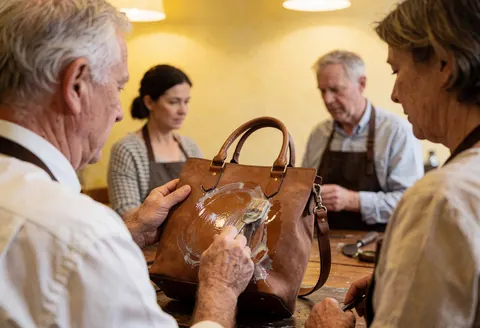 Un artisan applique un produit d'entretien sur un sac en cuir marron posé sur une table dans un atelier aux murs jaunes, tandis que d'autres personnes observent le processus de travail.