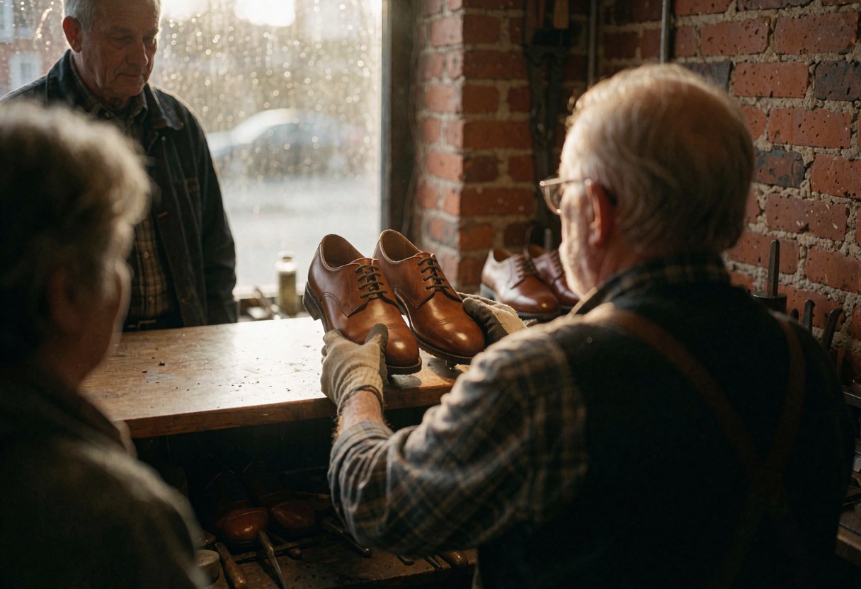 Un cordonnier portant des gants dépose une paire de chaussures en cuir sur un comptoir en bois dans un atelier aux murs de briques éclairé par la lumière naturelle.