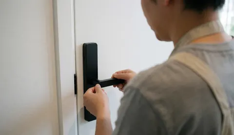 Un technicien en serrurerie ajuste une poignée noire moderne sur une porte blanche, dans un intérieur aux murs blancs et à la lumière douce.