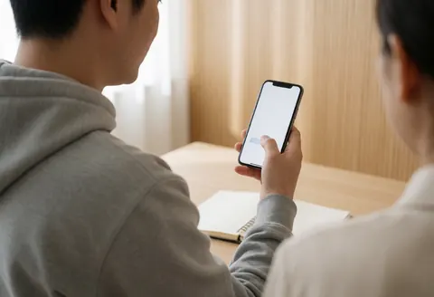 Vue arrière d'une personne utilisant un smartphone dans un bureau avec un bureau en bois clair et une lumière naturelle, idéal pour les cours en ligne.