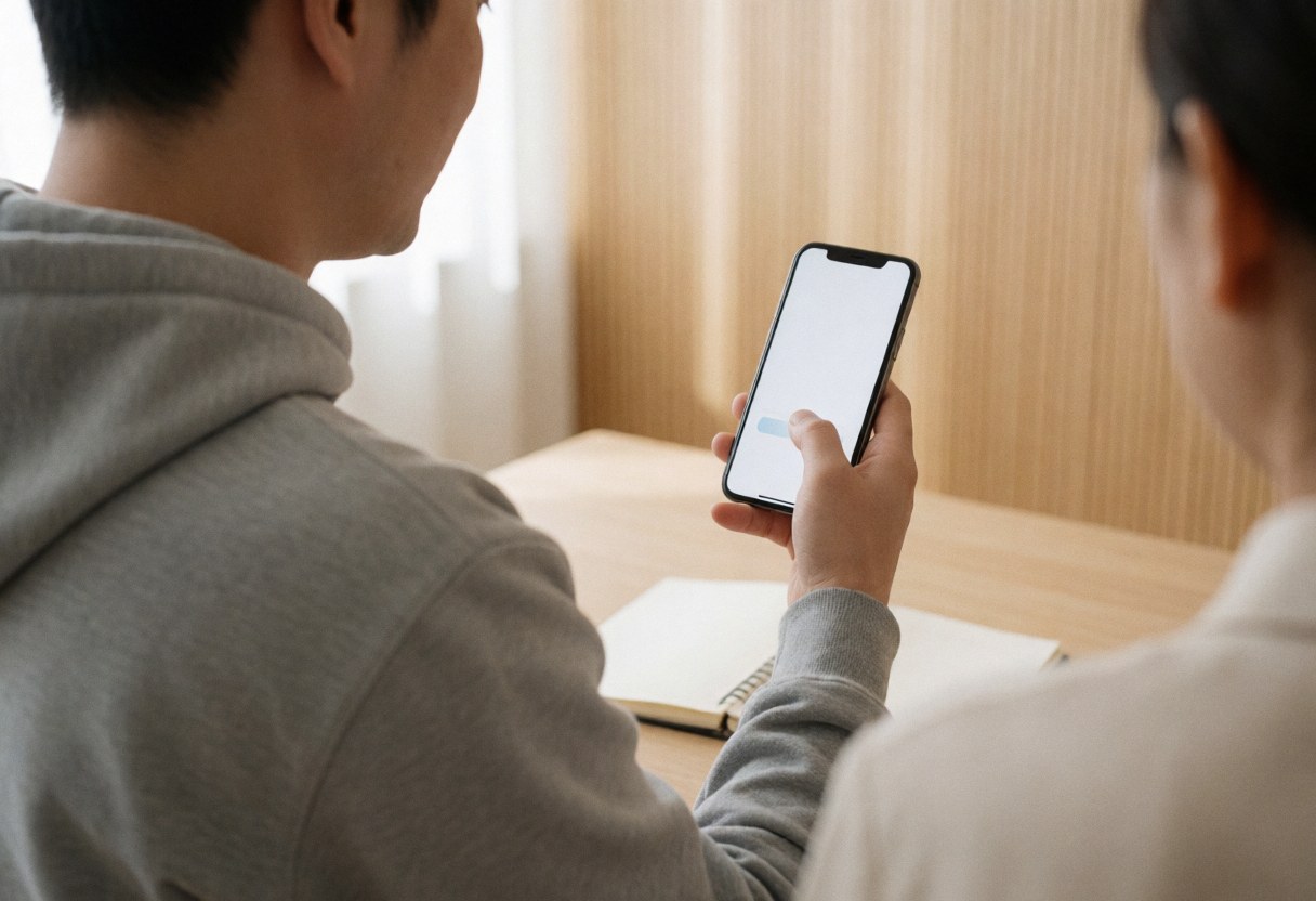 Vue arrière d'une personne utilisant un smartphone dans un bureau avec un bureau en bois clair et une lumière naturelle, idéal pour les cours en ligne.
