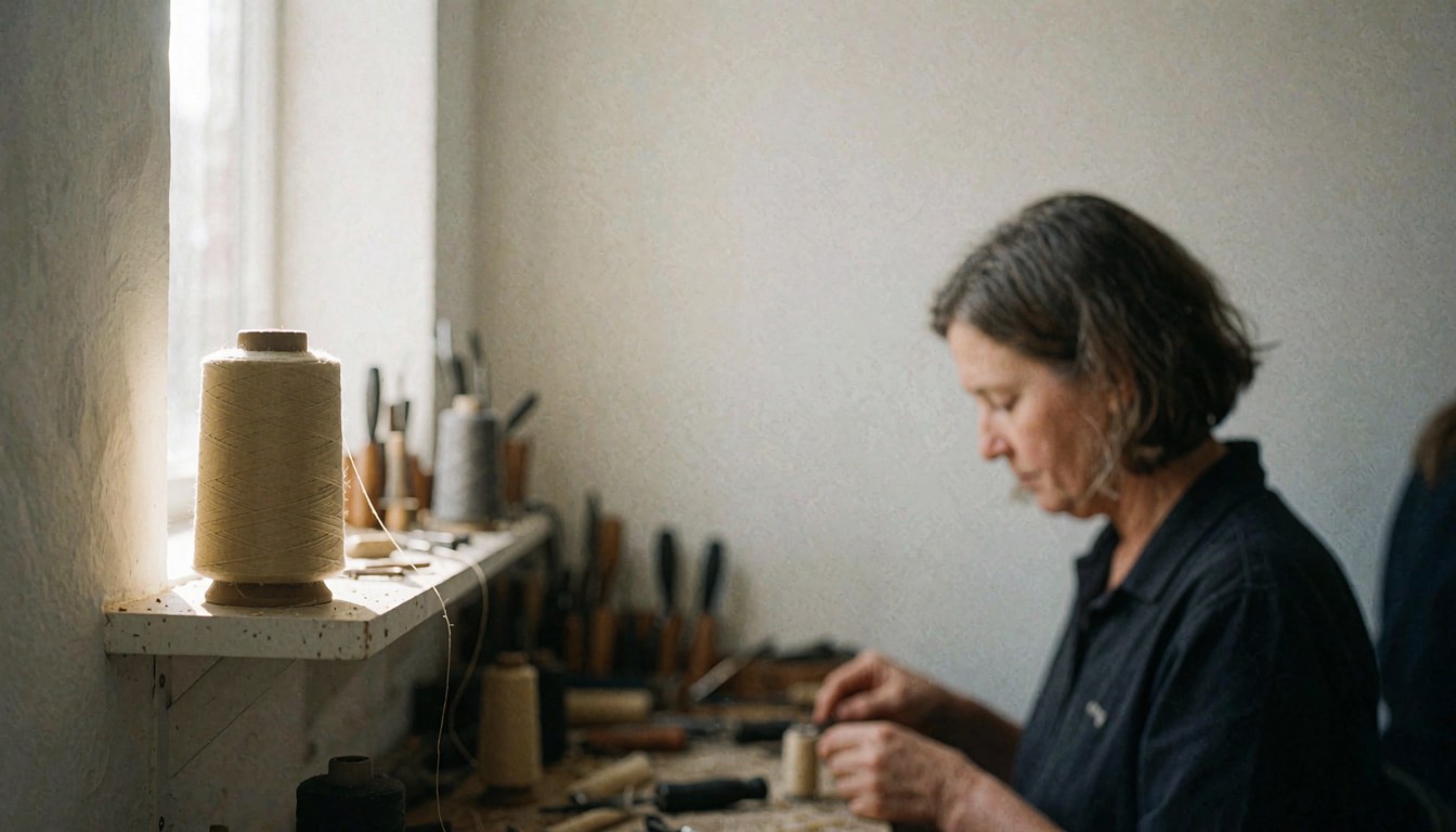 Un cordonnier professionnel utilise du fil de couture dans un atelier bien éclairé par la lumière naturelle, avec des outils de travail visibles sur une table et un mur blanc en arrière-plan.