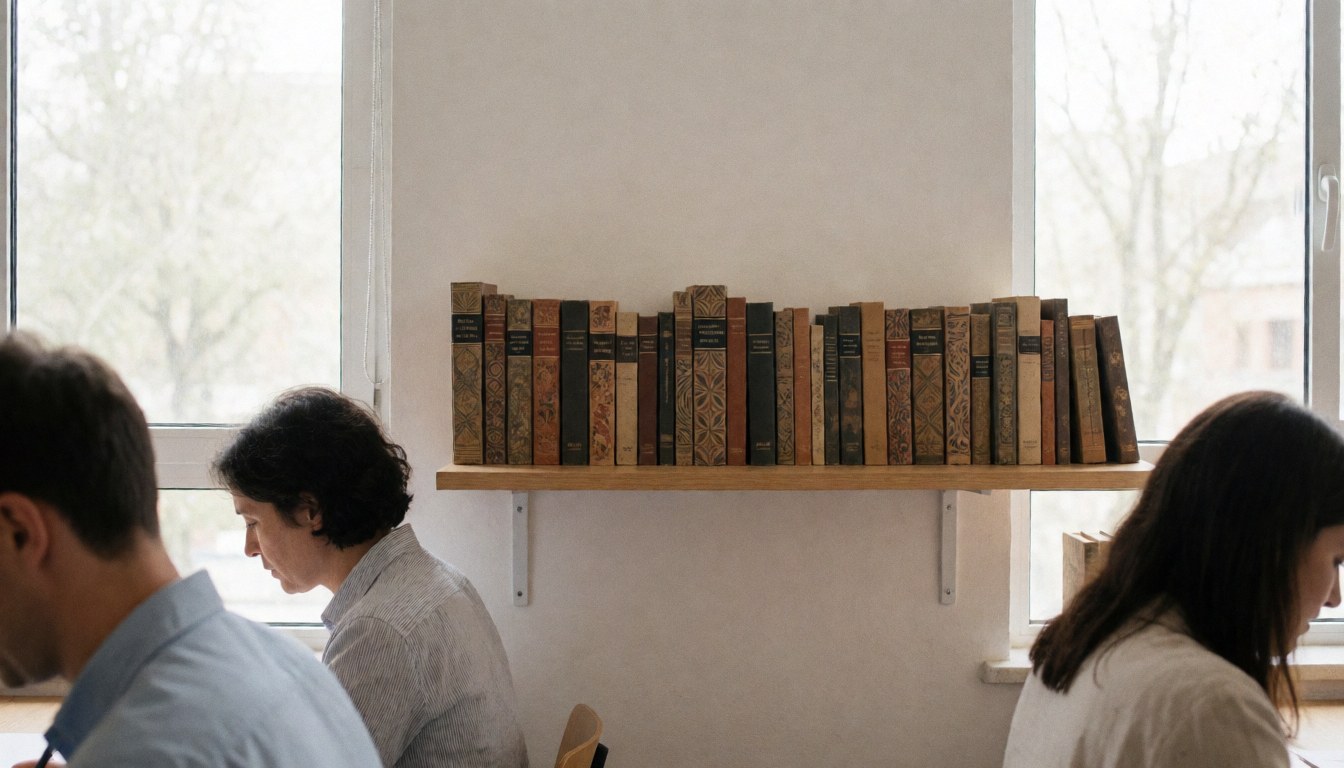 Trois personnes étudient dans une pièce avec des étagères de livres, des fenêtres et des murs blancs, idéale pour les cours en ligne.