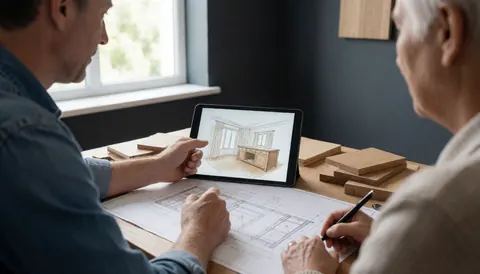 Deux professionnels consultent un design de meubles en 3D sur une tablette, entourés de plans architecturaux et d'échantillons de bois dans un bureau aux murs gris.