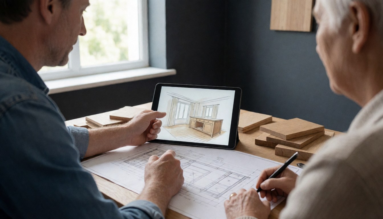 Deux professionnels consultent un design de meubles en 3D sur une tablette, entourés de plans architecturaux et d'échantillons de bois dans un bureau aux murs gris.