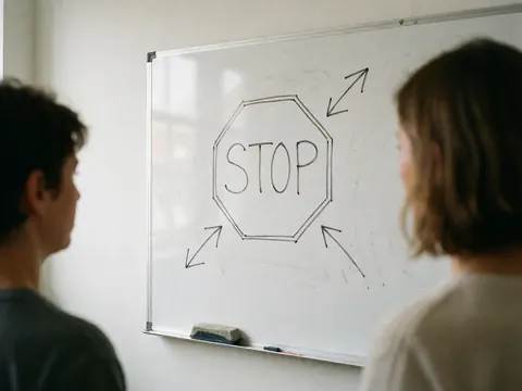 Deux personnes observent un tableau blanc comportant un dessin de stop et des flèches, utile pour des cours en ligne ou des ateliers.