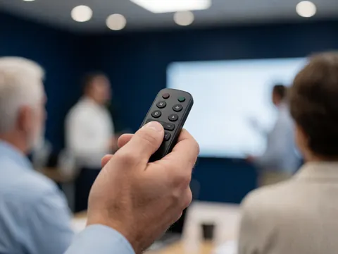 Une main tenant une télécommande lors d'une réunion de bureau avec un mur bleu foncé et un projecteur en arrière-plan.
