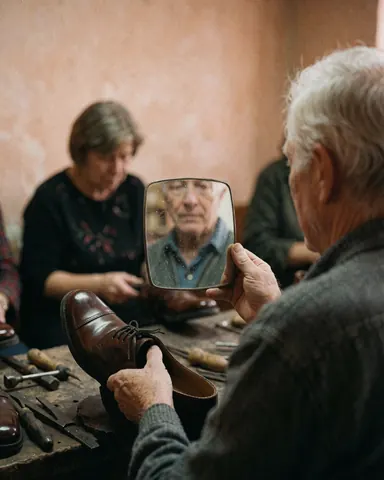 Une cliente examine sa chaussure cirée dans un petit miroir au sein d'un atelier de cordonnier aux murs clairs et aux outils visibles.