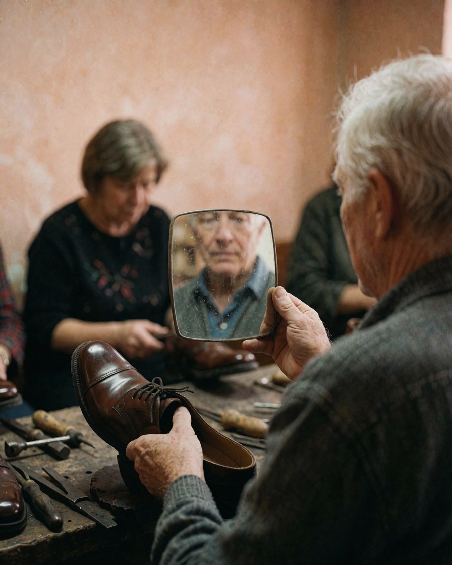Une cliente examine sa chaussure cirée dans un petit miroir au sein d'un atelier de cordonnier aux murs clairs et aux outils visibles.