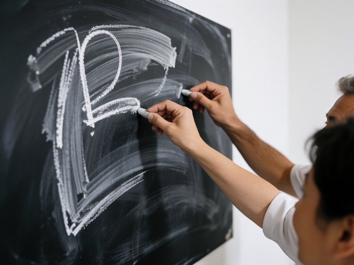 Gros plan d'une main adulte tenant une craie blanche et écrivant sur une surface de tableau noir, illustrant l'apprentissage et la formation en ligne.