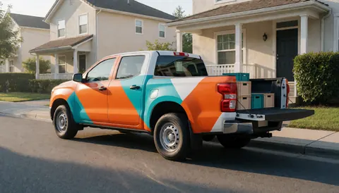 Camionnette équipée de graphisme avec benne ouverte contenant des cartons rangés, prête pour le commerce de rue dans un quartier résidentiel, idéale pour le marketing.