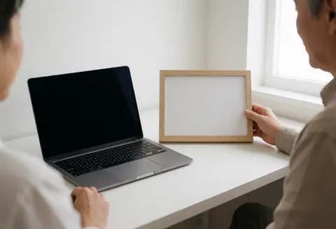 Une personne place un cadre vide à côté d'un ordinateur portable sur un bureau blanc éclairé par la lumière naturelle, évoquant les cours en ligne.
