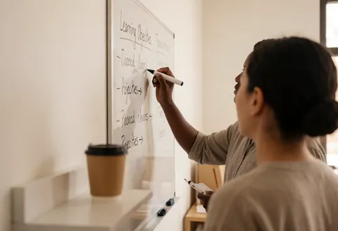 Un professionnel écrit des objectifs d'apprentissage sur un tableau blanc. Une tasse de café est visible en premier plan. La scène évoque des cours en ligne avec une lumière chaude.