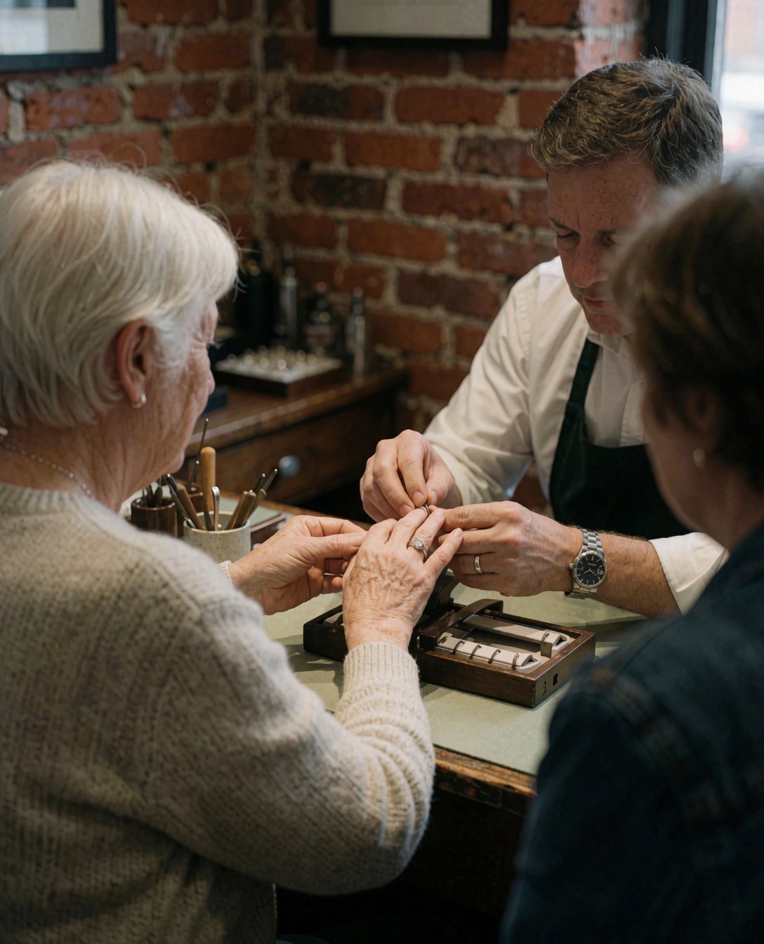 Un bijoutier ajuste une bague sur la main d'un client dans un atelier chaleureux avec des outils visibles et un mur de briques en arrière-plan.